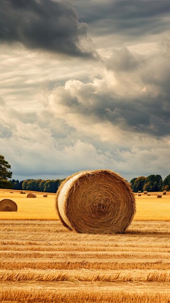 une balle de foin avec un ciel nuageux en arrière-plan