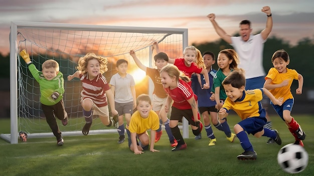 Une balle de football et une équipe de football d'enfants floues avec un entraîneur sur le terrain