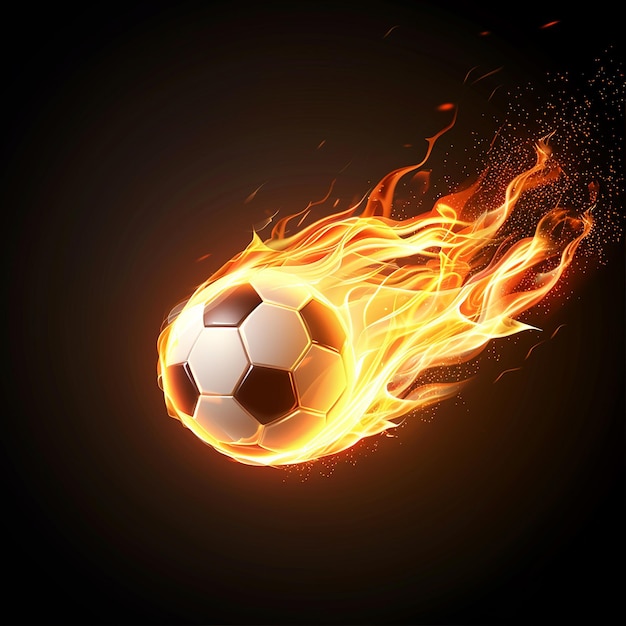 Une balle de football en feu isolée sur un fond noir