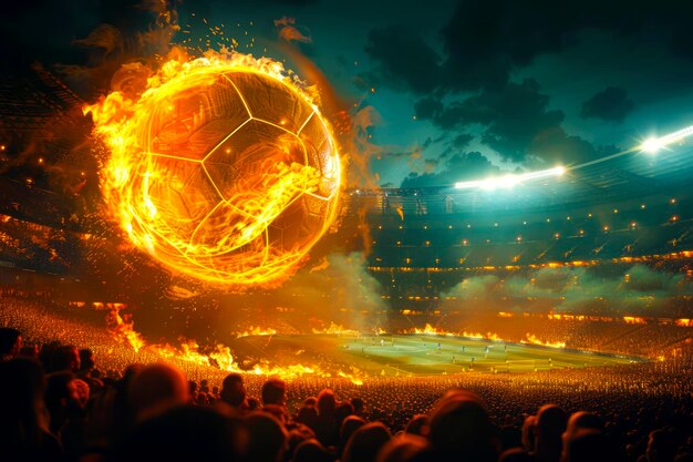 Une balle de football en flammes s'élève dans un stade nocturne rempli de fans