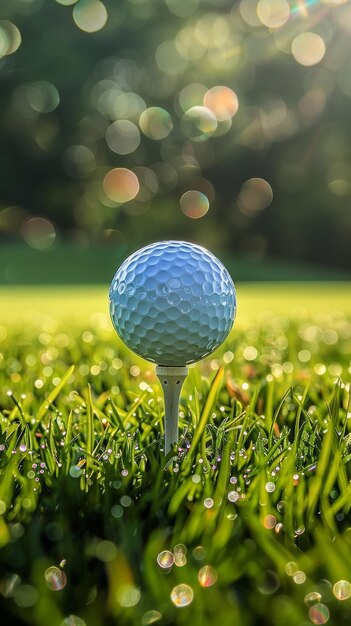 Une balle de golf attend sur un tee alors que les premiers rayons de la lumière du matin cascadent sur les greens soignés du parcours de golf