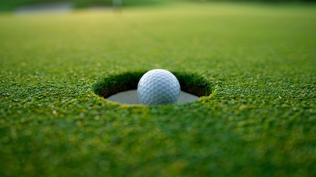 Une balle de golf blanche est assise dans un trou sur un terrain d'herbe verte