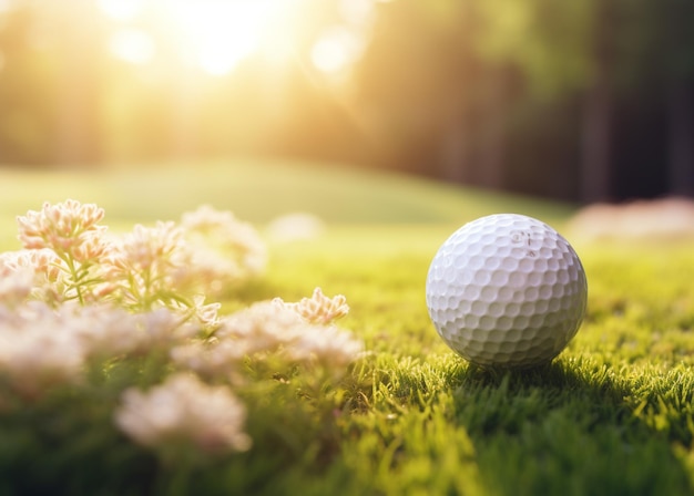 La balle de golf blanche est positionnée dans une haute herbe verte l'un des obstacles au golf photo de haute qualité