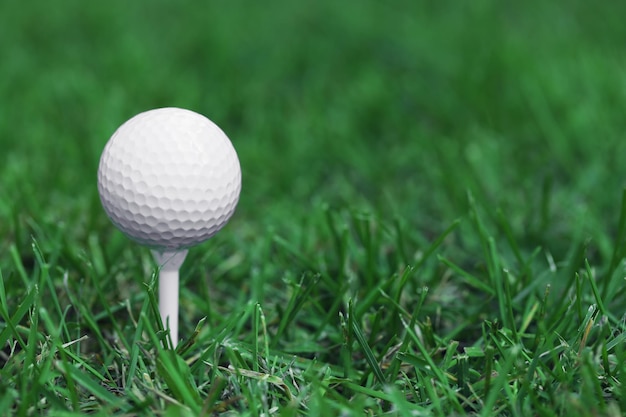 Balle de golf blanche sur fond d'herbe verte