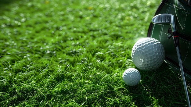 Une balle de golf et un club de golf dans un sac sur de l'herbe verte