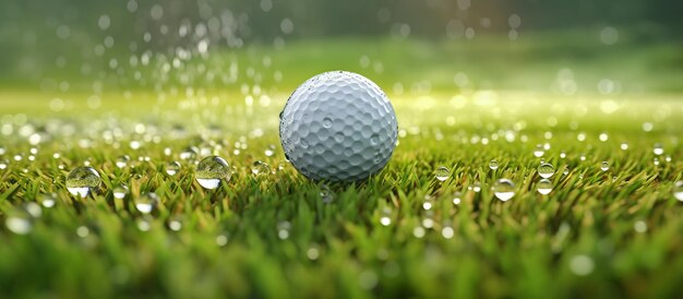 balle de golf et éclaboussure de rosée frappée avec un club de golf sur le terrain vert
