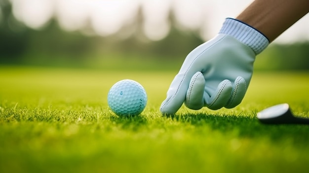 Une balle de golf est sur l'herbe et la balle de golf est sur le point d'être lancée.