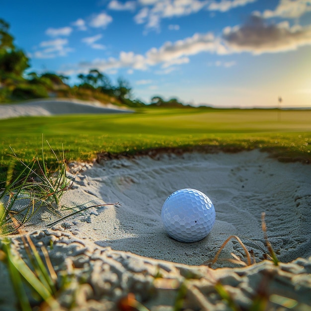 une balle de golf est posée dans le sable sur un parcours de golf