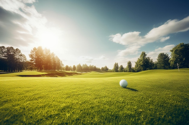 Balle de golf sur le green avec des arbres en arrière-plan