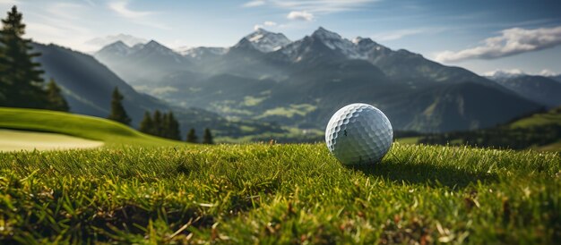 une balle de golf sur l'herbe avec des montagnes en arrière-plan