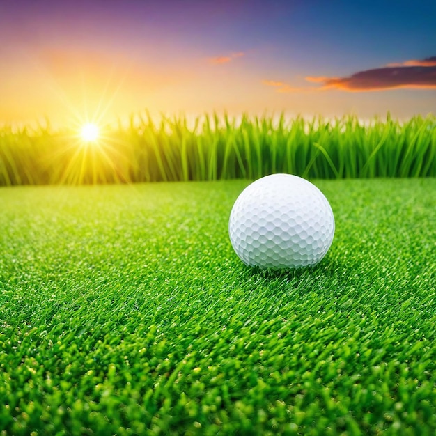 La balle de golf sur l'herbe verte au coucher du soleil