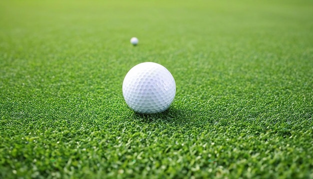 La balle de golf sur l'herbe verte au coucher du soleil