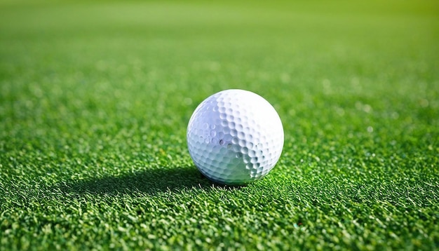 La balle de golf sur l'herbe verte au coucher du soleil