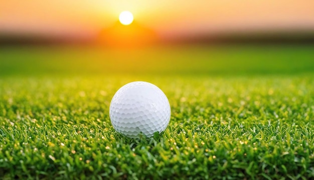 Photo la balle de golf sur l'herbe verte au coucher du soleil