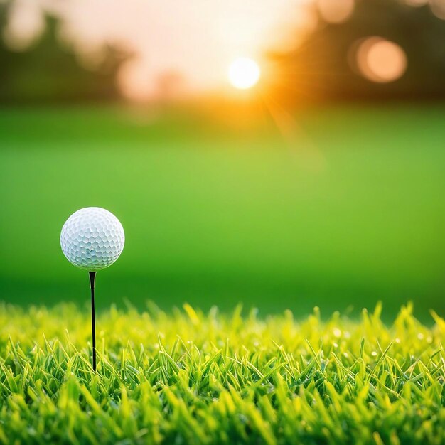 Photo la balle de golf sur l'herbe verte au coucher du soleil