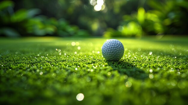 La balle de golf moments de la victoire près du trou sur une anticipation verte éclairée par le soleil clair AI génératif