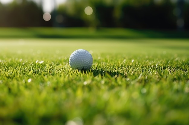 Une balle de golf placée dans une pelouse verte avec un fond naturel