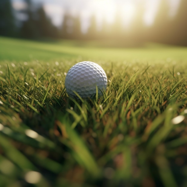 Une balle de golf se trouve dans l'herbe avec le soleil qui brille dessus.