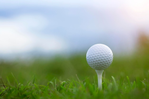 Balle de golf sur tee dans un magnifique parcours de golf avec le soleil du matin