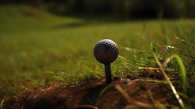 Une balle de golf sur un terrain en herbe dans un stand de balle de golf prêt à frapper