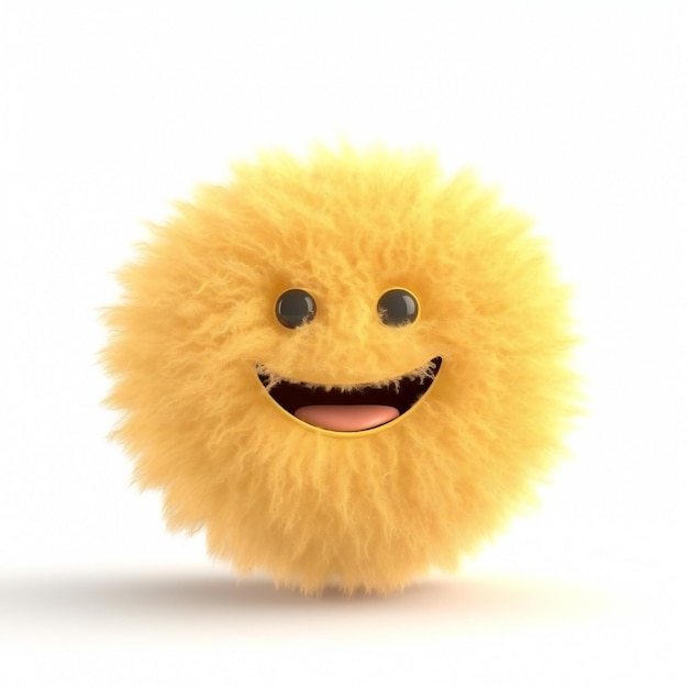 Une balle jaune pelucheuse avec un visage qui dit "visage heureux" dessus