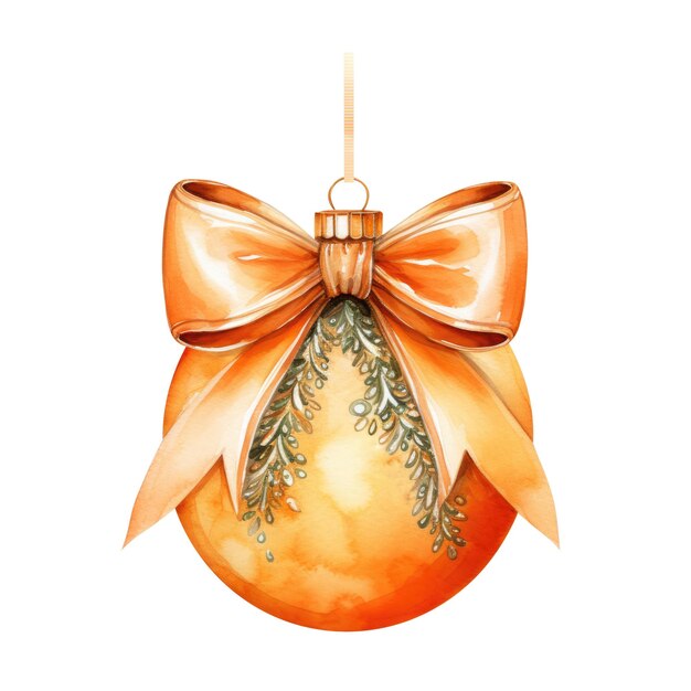 balle de Noël à l'aquarelle orange avec un ruban et un nœud isolé sur le fond IA générative