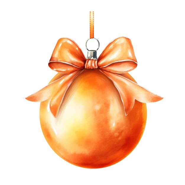 balle de Noël à l'aquarelle orange avec un ruban et un nœud isolé sur le fond IA générative