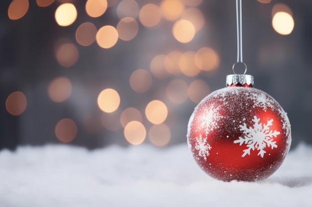 balle de Noël rouge et blanche sur fond de flocons de neige