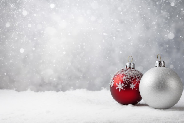 balle de Noël rouge et blanche sur fond de flocons de neige