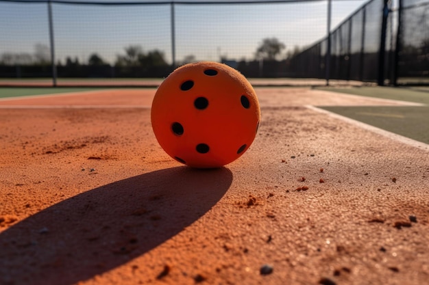 La balle de pickleball à côté de la raquette est sur le terrain AI générative