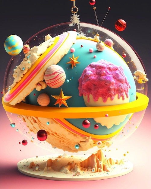 Une balle avec une planète et un cupcake dessus