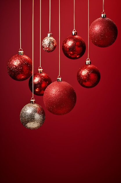 Une balle rouge de Noël colorée avec un fond rougeâtre suspendue du haut