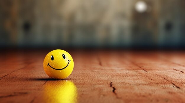 Une balle smiley jaune est posée sur un plancher en bois.