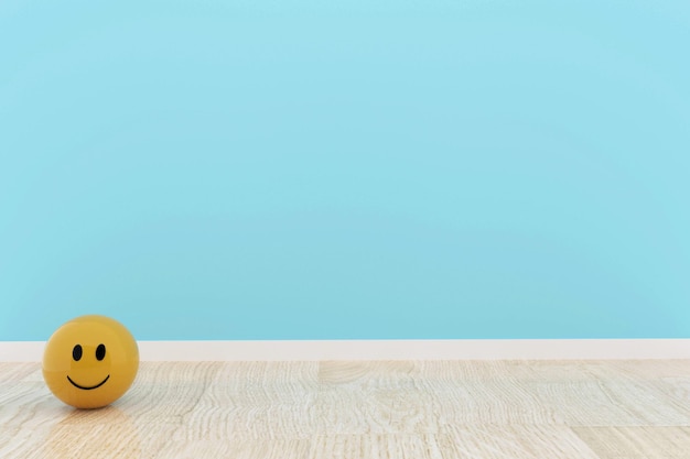 balle smiley jaune à l'intérieur de la chambre bleue en rendu 3D