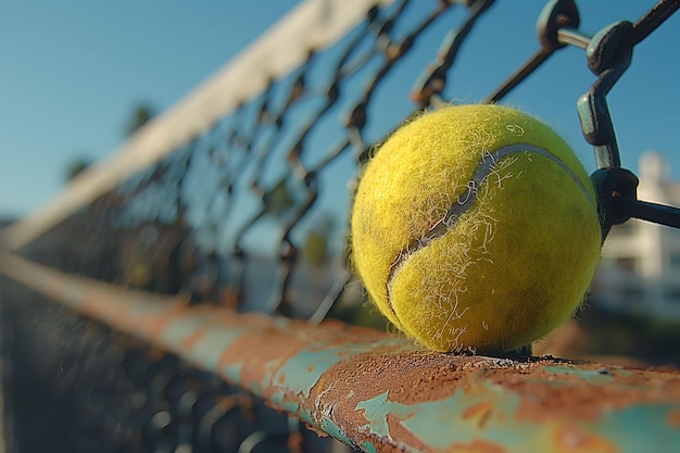 Photo la balle de tennis sur une clôture métallique