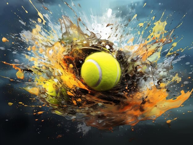 Photo une balle de tennis avec des éclaboussures de peinture colorée