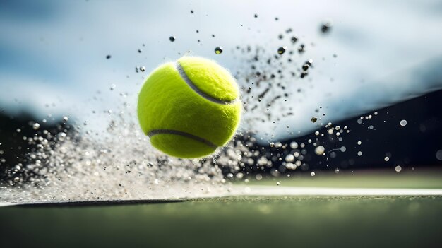 La balle de tennis est gelée en action.