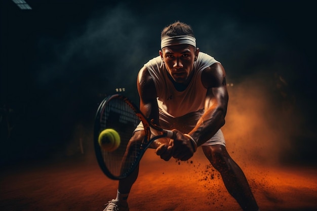 La balle de tennis frappée par un joueur sur un terrain de sable