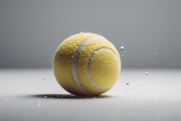 Une balle de tennis jaune est sur le sol avec des gouttelettes d'eau dessus.