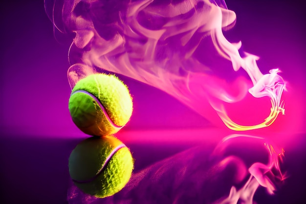 Photo balle de tennis jaune avec fumée et réflexion sur fond rouge
