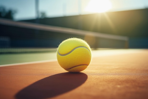 La balle de tennis jaune se trouve sur le terrain à côté du filet de tennis