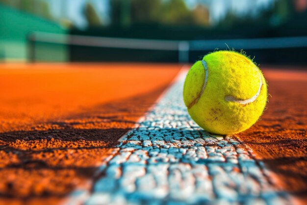 Une balle de tennis jaune vibrante capturée en gros plan dynamique rebondit énergiquement sur le terrain vert