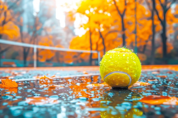 Une balle de tennis jaune vibrante repose sur un terrain humide en plein air. Les feuilles d'automne sont éparpillées.