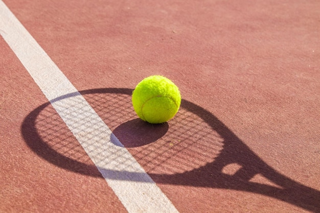 Balle de tennis et raquette sur le terrain