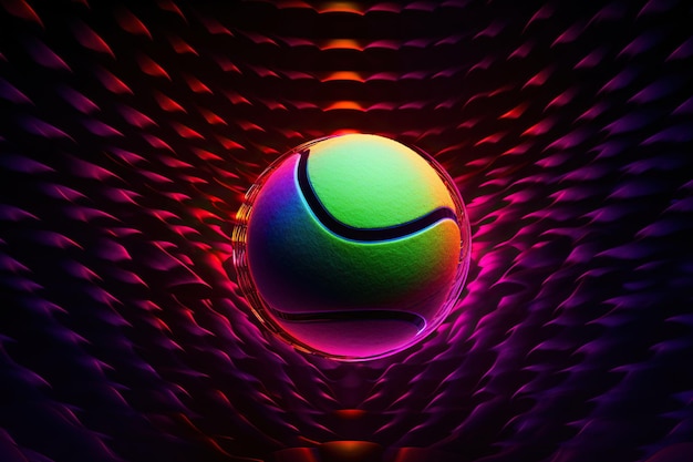 Une balle de tennis avec un rétro-éclairage au néon coloré et un fond abstrait dans un style d'onde