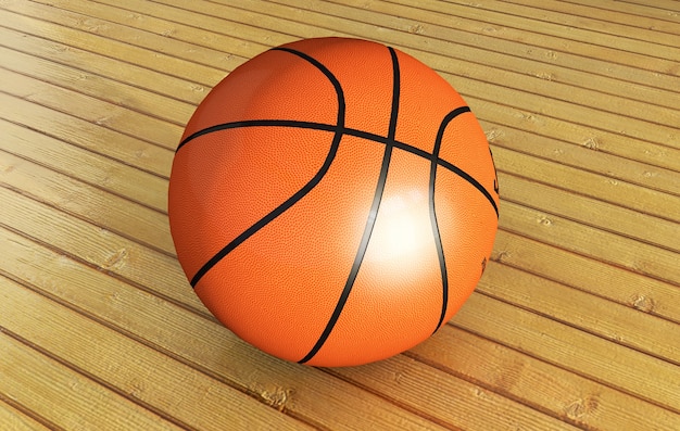 Balle sur terrain de basket avec projecteur, illustration 3d