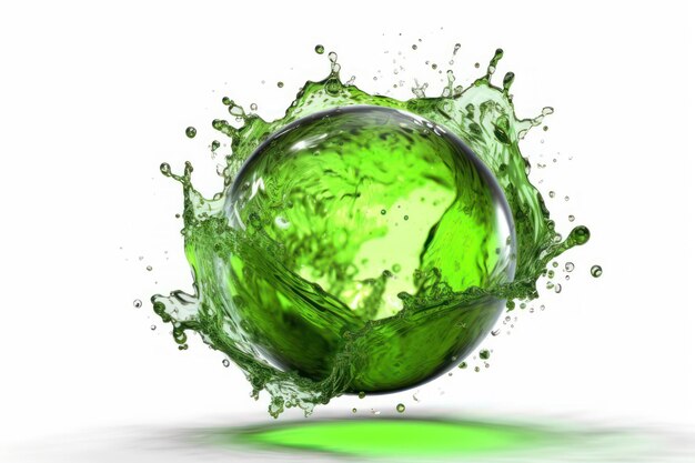 Une balle verte est éclaboussée dans l'air avec de l'eau autour d'elle.