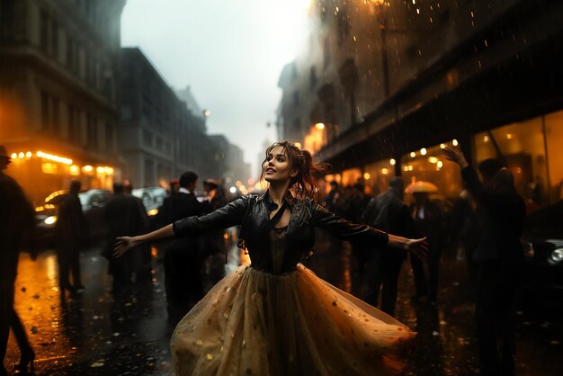 La ballerine dansant sous la pluie dans la rue de la ville du soir