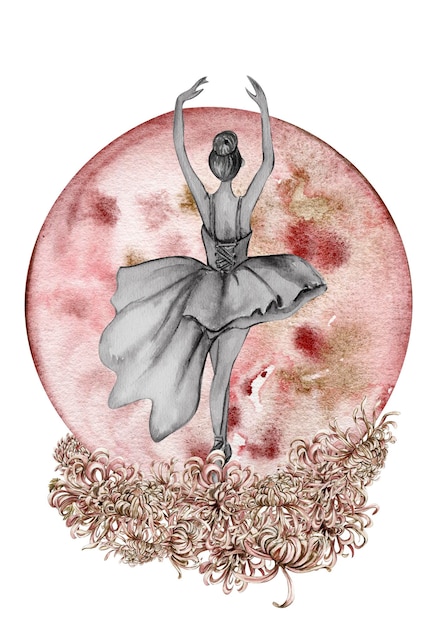 Une ballerine danse sur un cercle rose avec un cercle doré derrière