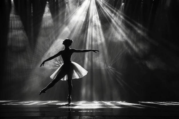 Une ballerine exécute une routine de danse sur scène soulignée par un éclairage spectaculaire